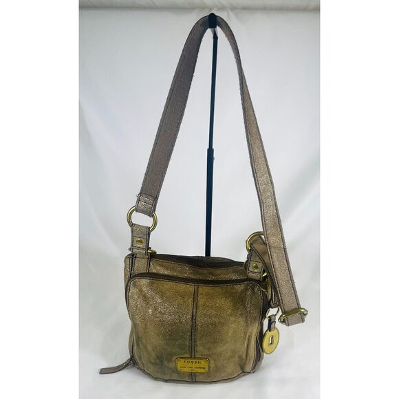 Fossil Long Live Vintage Bronze Glitter Distressed Crossbody Bag Leather - Picture 1 of 13
